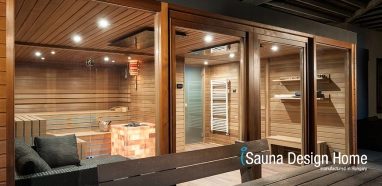 Wellness szaunaház üvegfallal Wellness szaunaház üvegfallal
